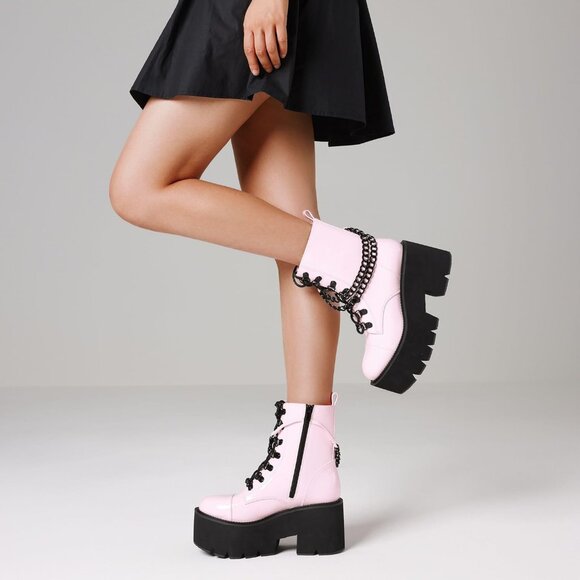 ⚡Women’s 4pink Combat Lightweight Side Zipper Ankle High Heel Chunky Boots - Picture 3 of 6